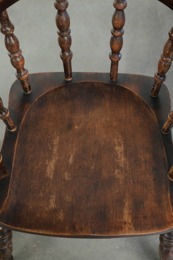 Image 1 of 4 x Antique wooden English pub/captain chairs from the late 19th century with character
