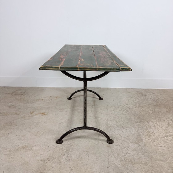 French Bistro table with green painted wooden top, Consoles, Metal, Rustic (photo 5 of 12)