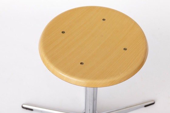 Image 1 of Set of 4 Vintage Industrial Stools 1970s, Chrome Adjustable Stools with Pagholz Seats, Mid Century Stools