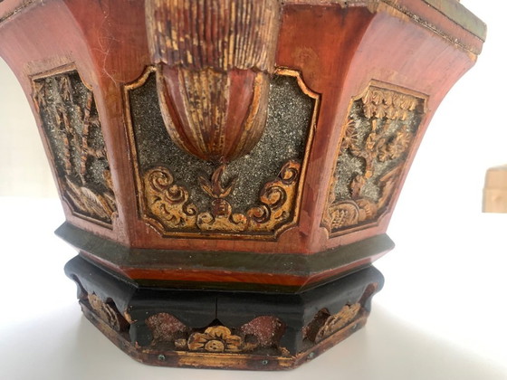 Image 1 of Antique 19th-C. Chinese Carved Wood Tea Caddy – Phoenix & Dragon Motifs 