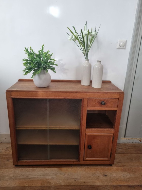 Image 1 of Vintage cupboard/sideboard with sliding doors, structured glass