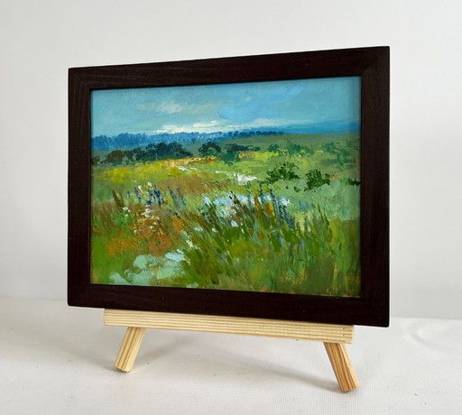 Original Oil Painting Summer Field Landscape On the summer flower meadows