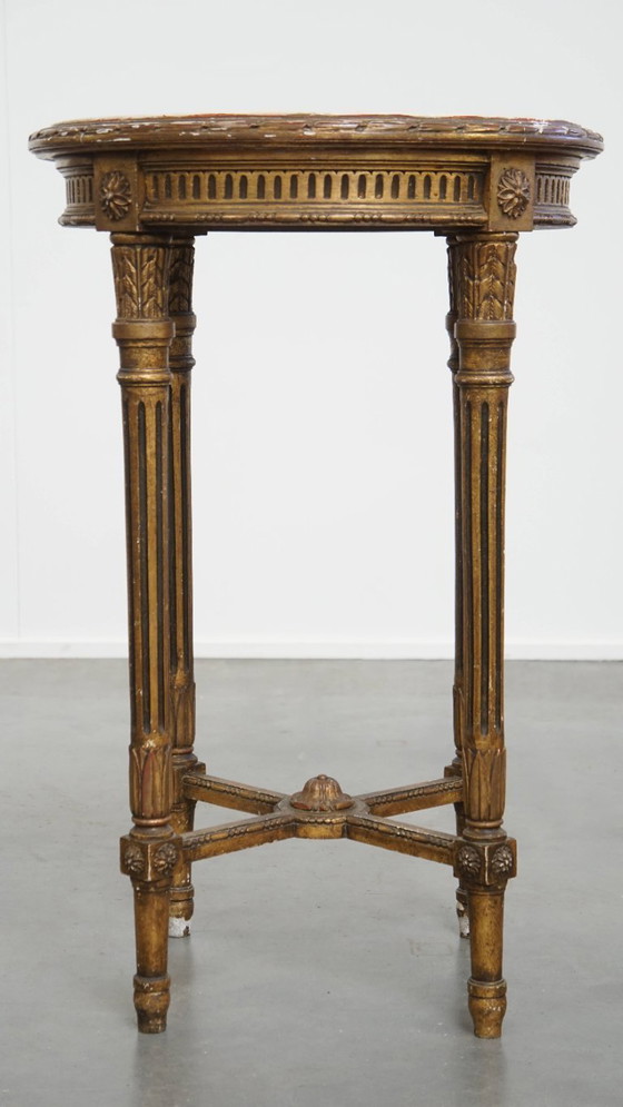 Image 1 of Antique French round gold side table with a marble top