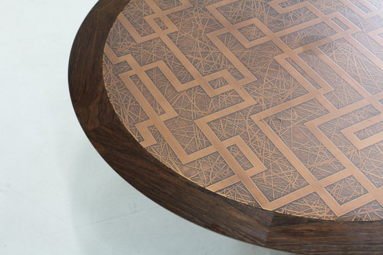 Image 1 of Vintage brutalist round coffee table of copper and wood, 1970s