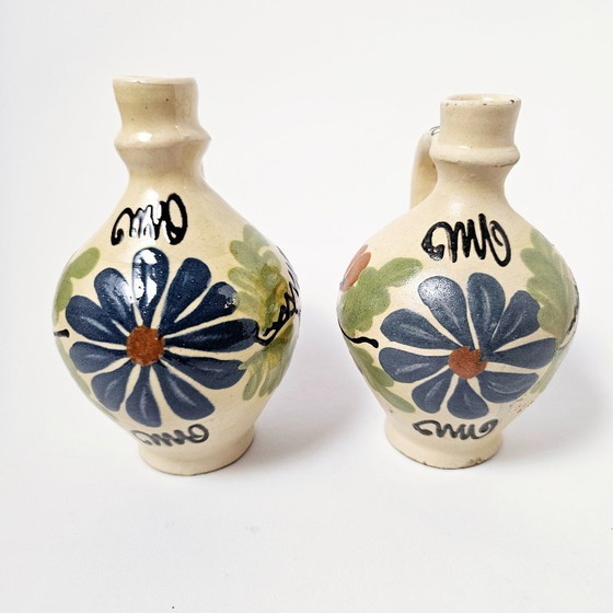 Image 1 of Hungarian Folk Art Pottery | 2 Pcs Set Vintage Traditional HandPainted Floral Ceramic Jugs Pitchers Vases