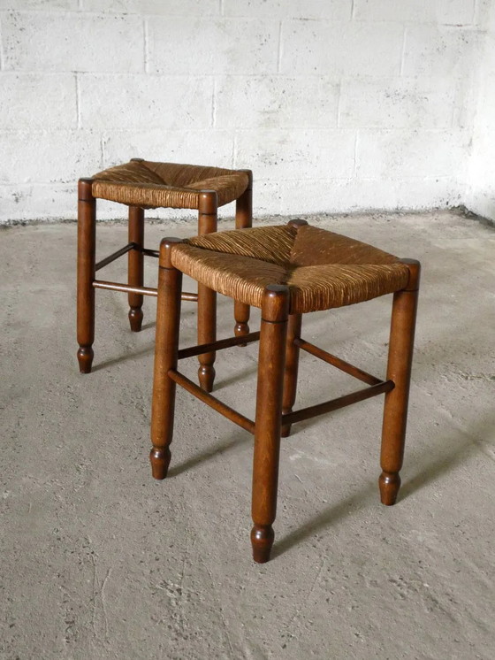 pair of wooden and straw stools, 1960 – Mid Century Modern (photo 2 of 5)