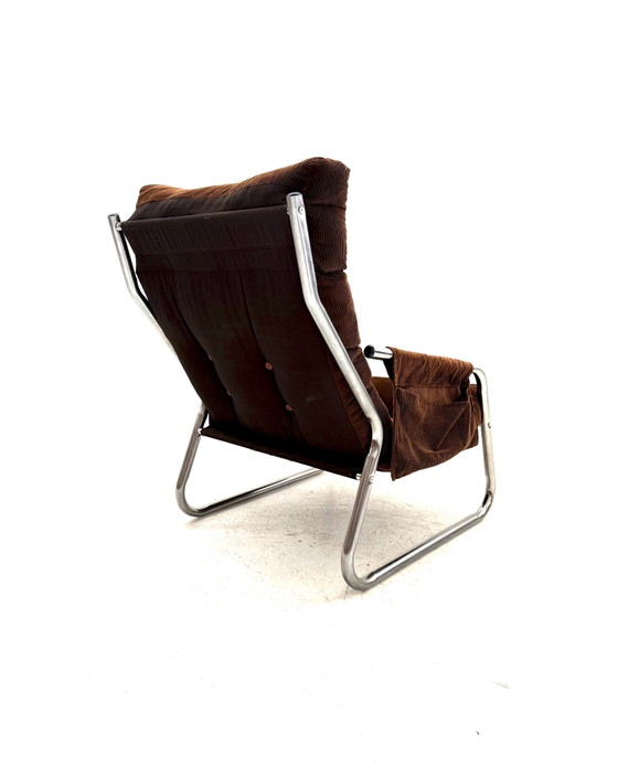 Vintage buisframe fauteuil, Gillie Lundgren, Ikea ‘70, Chroom, Textiel, Bruin (foto 4 van 10)