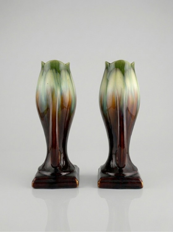 Image 1 of Pair of Art Deco vases – Thulin pottery (attributed) – Belgium – Flamed glaze – 29cm