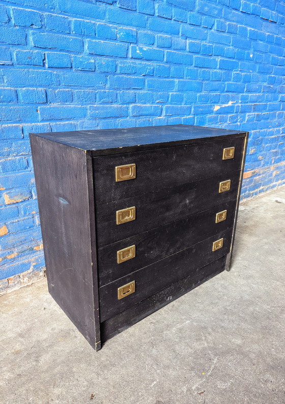 Image 1 of Vintage black Danish chest of drawers / brass