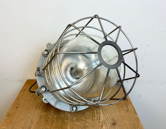 Image 1 of Large Grey Industrial Bunker  Light with Iron Cage from Elektrosvit, 1970s