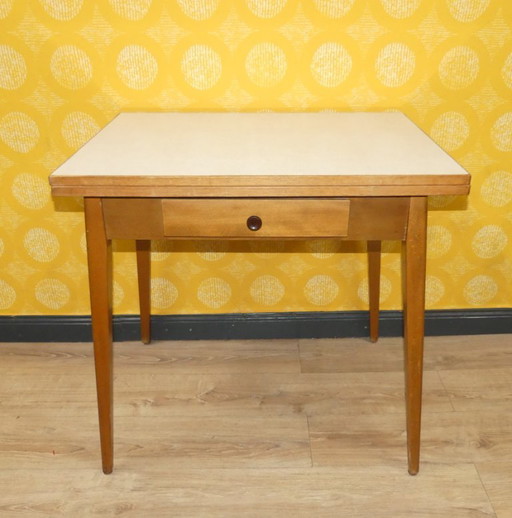 Table de cuisine pratique des années 50 79x59/118 mécanisme pliant-rotatif avec tiroir rétro vintage
