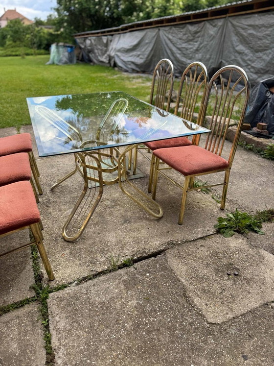 Italian Brass Dining Table and Chairs, 1970s, Set of 7 – Dining set, Glass, Hollywood Regency (photo 5 of 9)