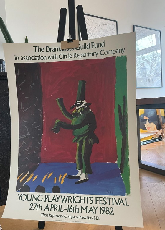 Image 1 of David Hockney (1937–2026), Festival junger Dramatiker, Copyright David Hockney 1980 Petersburg Press, Gedruckt in England