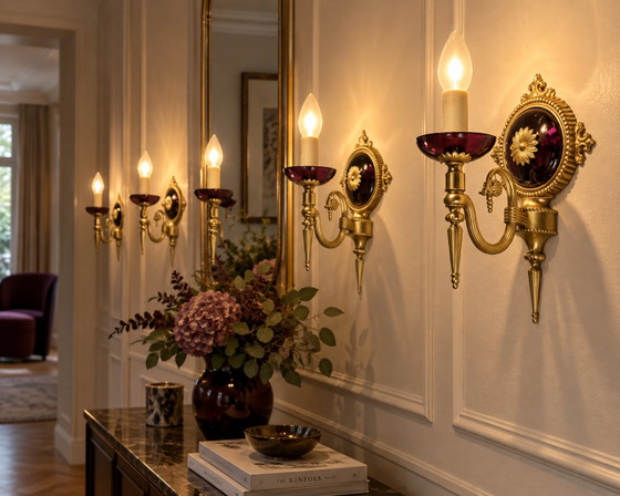 Set van 4 vintage wandlampen – aubergine glas & goud | Hollywood Regency – Metal, Brass (photo 5 of 13)