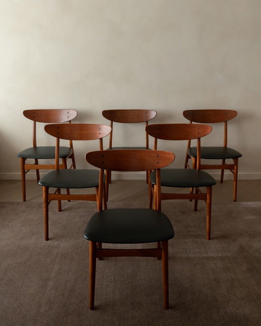 Vintage Danish Dining Chairs, Teak Backrest and Beech Frame, Newly Upholstered Black Skai Seats, 1960s