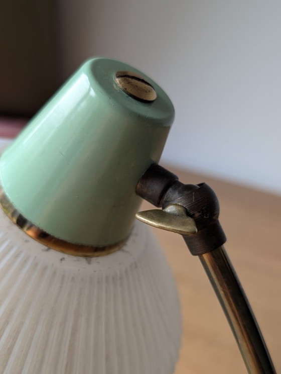 Image 1 of Rare German Mid-Century Table Lamp | Mint Green and Brass | Original Ribbed Glass Shade | 1950s–1960s