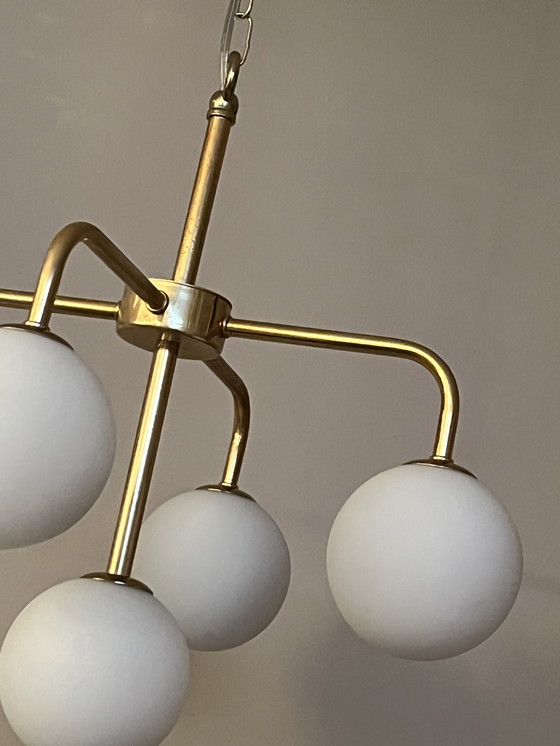 Image 1 of Vintage Spherical Pendant Lamp Gold Frame Milk Glass