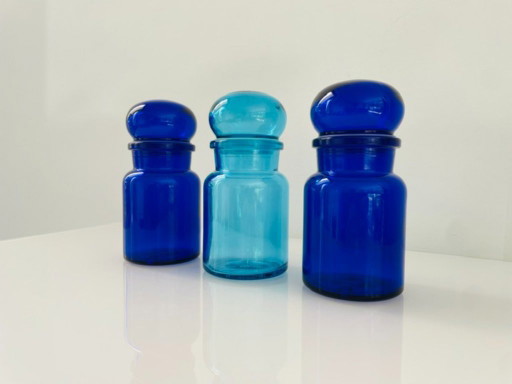 Juego de 3 frascos de boticario de vidrio azul