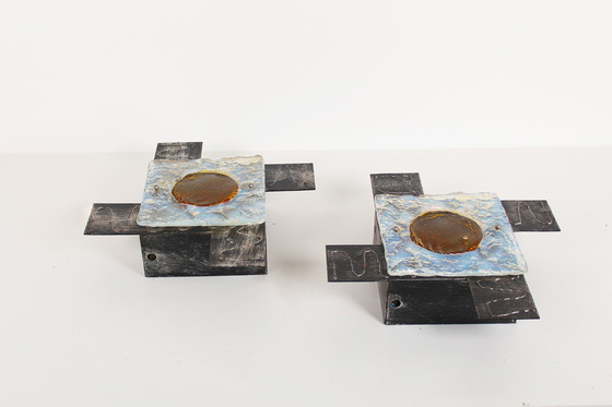 Image 1 of 2x Brutalistischer Wandleuchter aus Glas aus den 1960er Jahren von Tom Ahlström und Hans Ehrlich