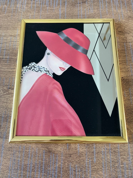Pair of Hollywood Regency 'Glam Girl' mirror prints by Ferraro (80s), Glass art, Glass, Multi Color (photo 2 of 11)