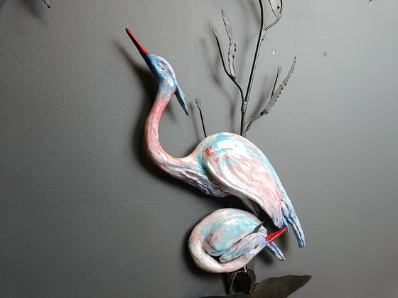 Image 1 of Grande scultura da parete in ceramica raffigurante un airone o una gru, anni '70