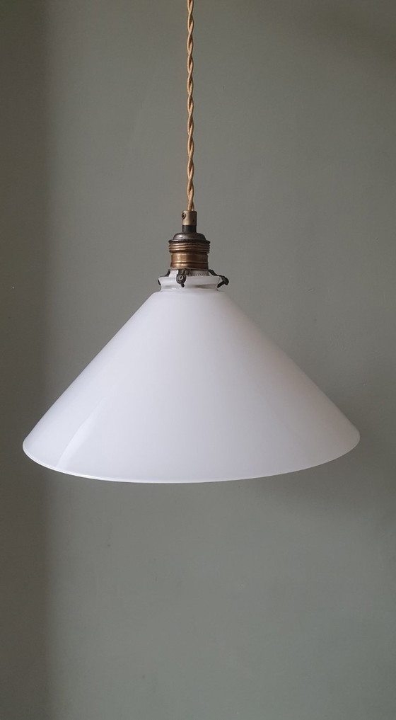 Image 1 of Set (2) Vintage pendant lamps in opaline / milk glass - banker's lamp or shoemaker's lamp