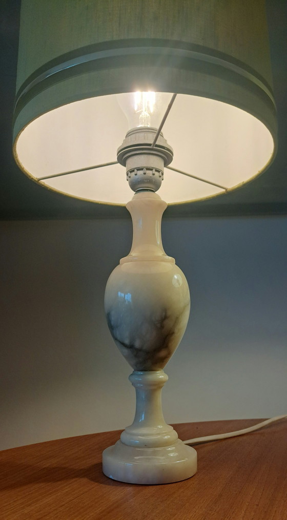 Image 1 of Pair of Italian Marble Table Lamps with Olive Green Silk Shades – Vintage 1970s