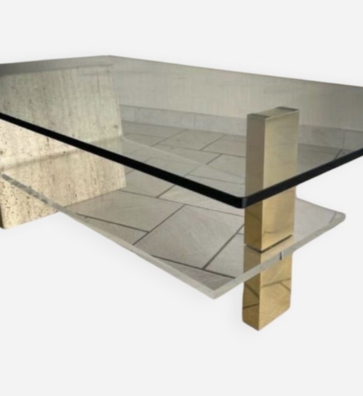 Table basse verre et travertin années 70