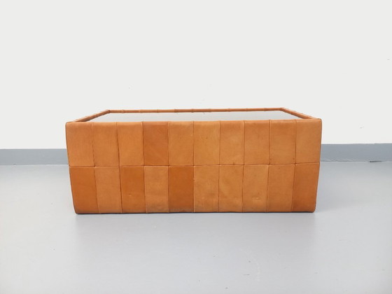 Image 1 of Vintage Swiss rectangular coffee table by De Sede in smoked glass and leather from the 1970s