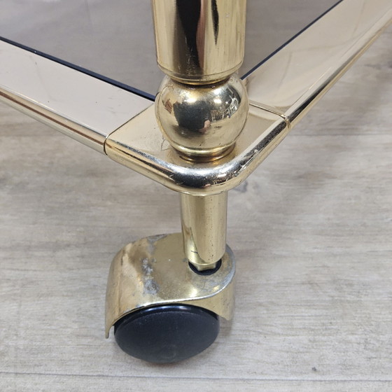Vintage golden brass bar cart / trolley smoked glass shelves (photo 5 of 15)