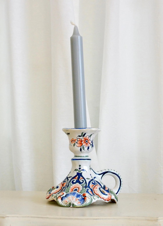 Portacandele vintage in maiolica di Rouen, candeliere floreale francese dipinto a mano – Ceramic, Rustic (photo 2 of 5)