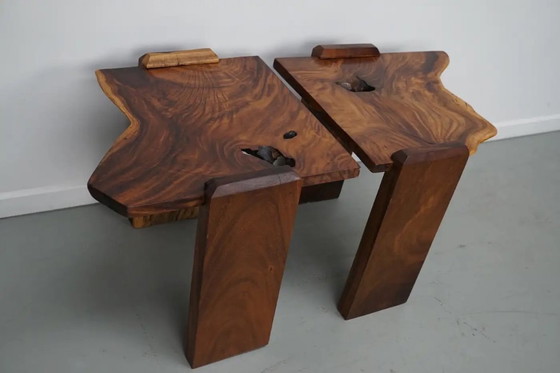 Image 1 of Ensemble de deux tables basses vintage en noyer naturel, vers 1970/1980