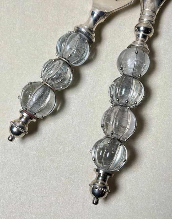 Image 1 of Ensemble de couverts de service (salade / décapsuleur / fromage / gateaux) en métal argent et verre