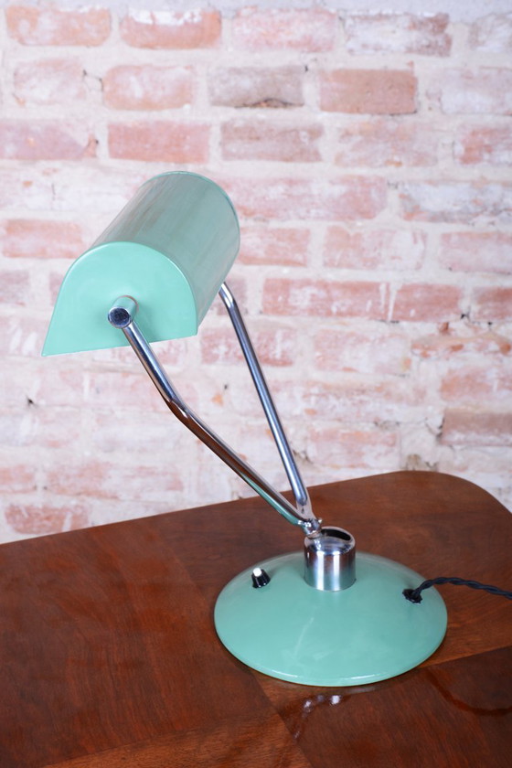Original Mid-Century Table Lamp, by NAPAKO, Chrome-Plated Steel, Czech, 1950s, Metal, Green (photo 12 of 13)