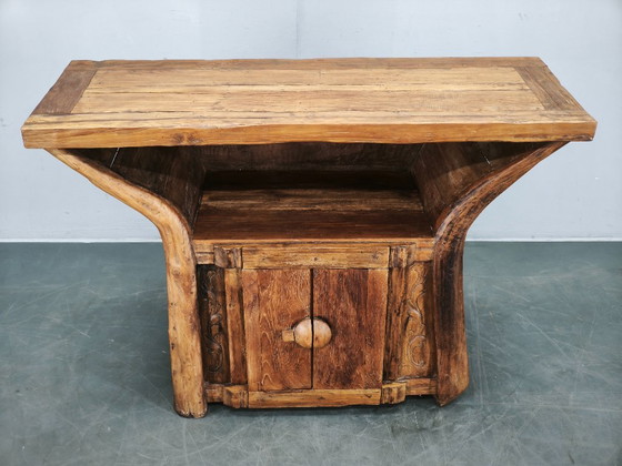 Console en Bois Massif Rustique Asiatique des Années 70, Buffet Primitif Sculpté à la Main, Marron (photo 3 sur 14)