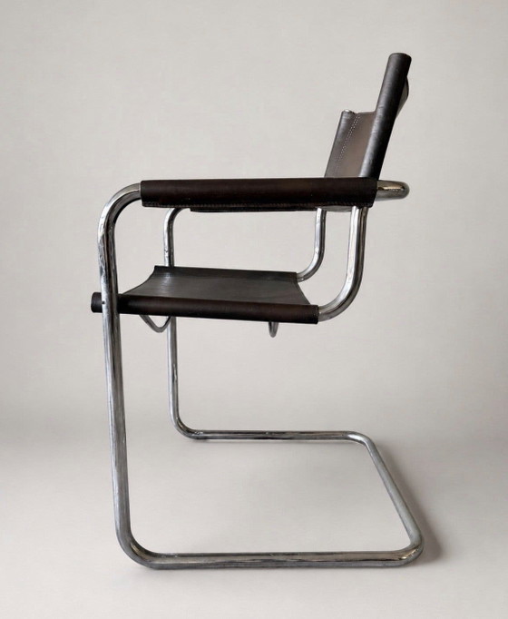 Image 1 of 6 vintage Mart Stam S34 armchairs for Linea Veam, Italy, dark chestnut brown leather
