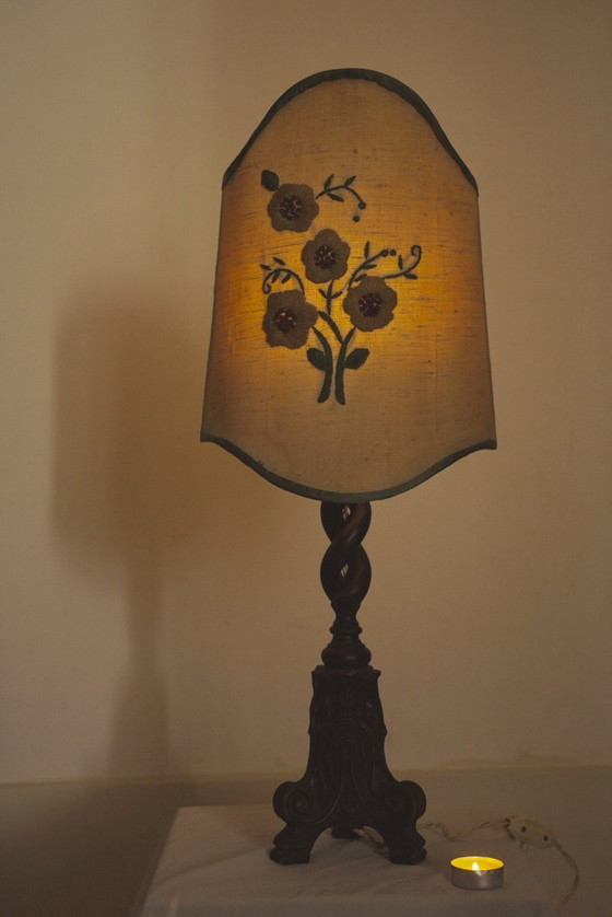Image 1 of Vintage Carved Wood Barley Twist Lamp with Hand Embroidered Floral Shade and Acanthus Leaf Tripod Feet