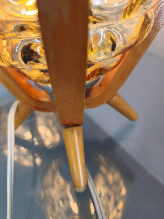 Image 1 of Pair Czech 1970s Wood and Yellow Glass Mid Century Table Lamps