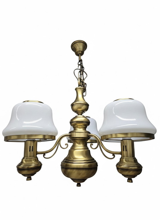 Image 1 of Lampadario Vintage a Sospensione in Vetro Bianco e Ottone - Made in Italy