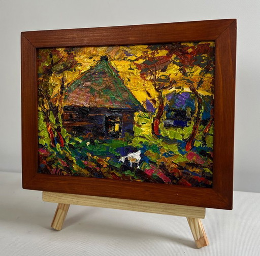 Original Oil Painting Summer House Landscape Warm evening in the village