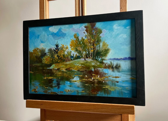 Image 1 of Original Oil Painting Summer Coastal Landscape The river washes the forest