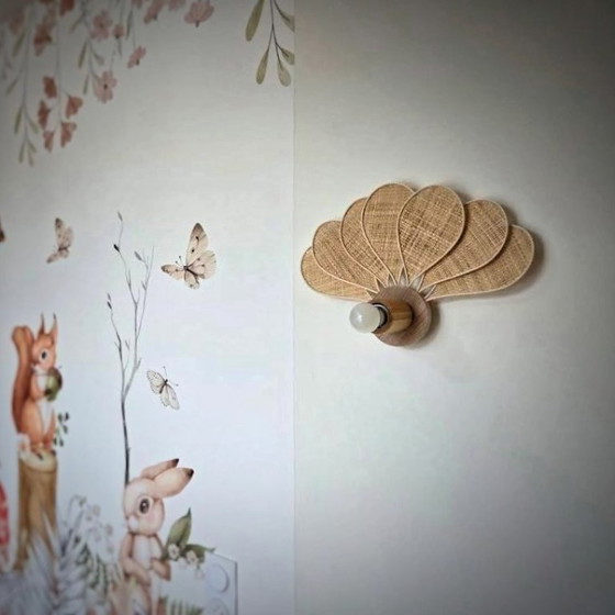 Image 1 of Art Deco wall light, 7 petals in rattan and fabric (customizable shade)