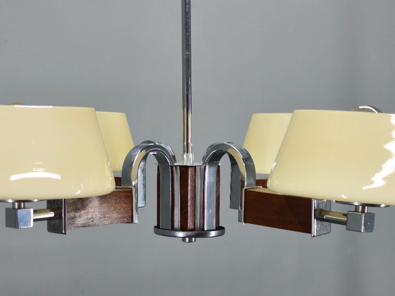 Image 1 of Art Deco kroonluchter van chroom, hout en glas, Tsjechoslowakije