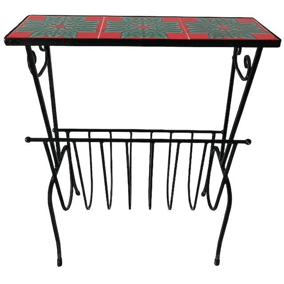 Image 1 of Vintage mid-century reading table retro magazine rack tiles wrought iron 1960s
