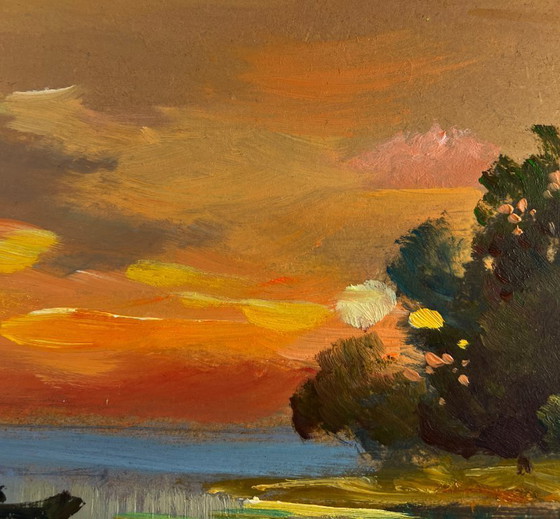 Image 1 of Original Oil Painting Evening Coastal Landscape Orange sunset over the river