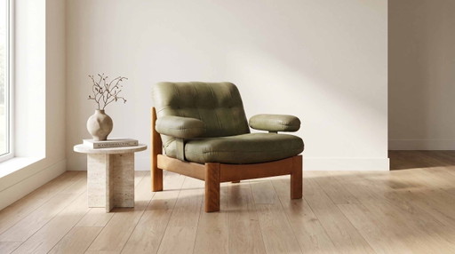 Fauteuil lounge vintage « FJELMAR » en cuir de teck, style milieu du siècle