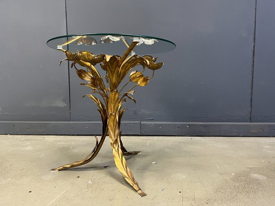 Image 1 of Tavolino floreale vintage hollywood regency in metallo dorato, anni '60