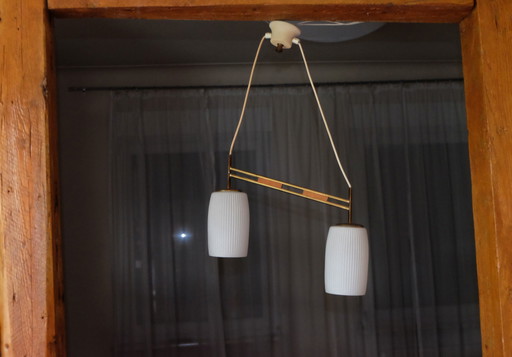 Plafondlamp 50s messing beuken 2-lichts asymmetrisch