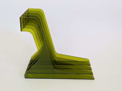 Vintage olijfgroen plexiglas LP-vinylrek in space age-stijl uit de jaren 70, met 4 vakken.