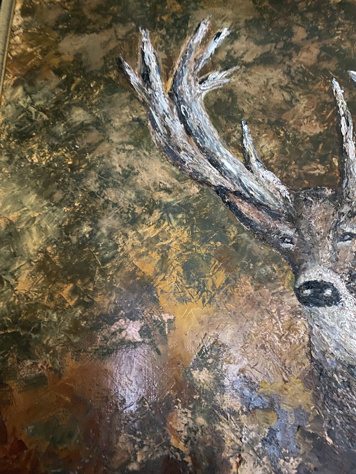 Deer, Oil On Linen In Classic Frame